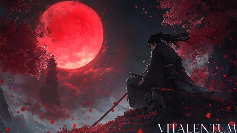 Lone katana warrior under hyper-saturated crimson moonfield.