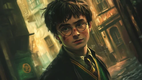 Streetlit young wizard pauses between alleys and destinies