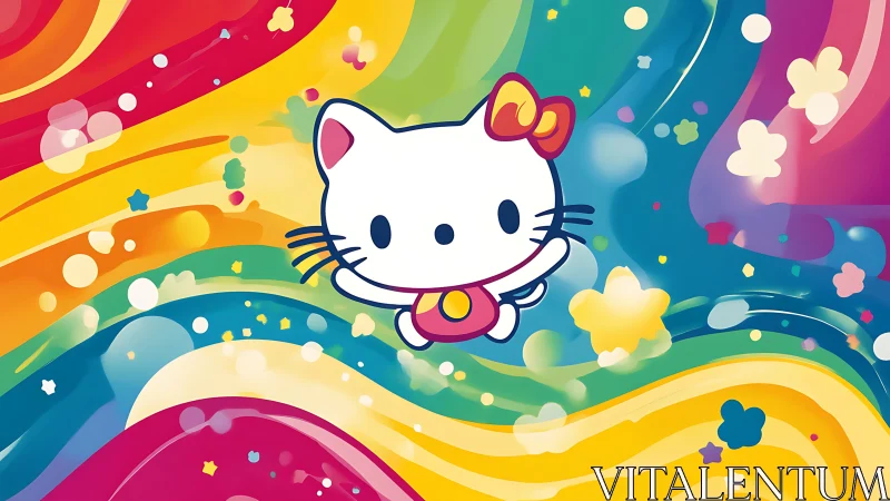 Anime character on rainbow liquid gradient with floating confetti.