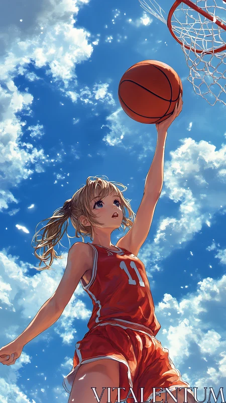 Anime basketball girl soaring toward hoop under sky.