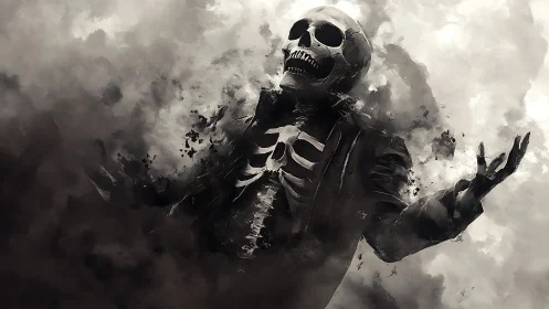 Smoke-crowned skeleton rises roaring from storm-dark clouds.