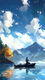 Solitary angler drifts beneath cloud mosaics and rising peaks