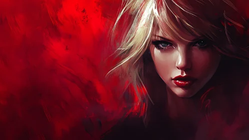 Digital painting portrait with crimson abstract background.