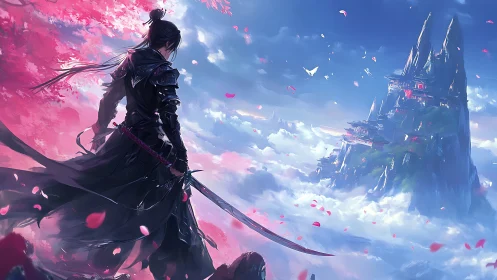 Warrior overlooks floating mountain temples above clouds