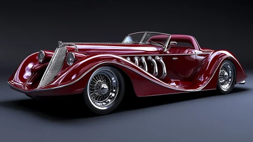 Glossy burgundy vintage roadster with chrome details shown.