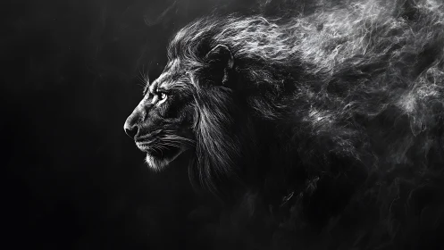 Monochrome lion profile dissolving into abstract smoke vectors