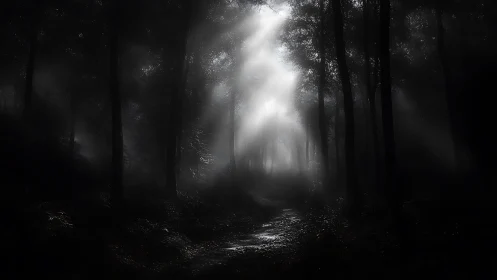 Dark forest path cut by strong shaft of white light.