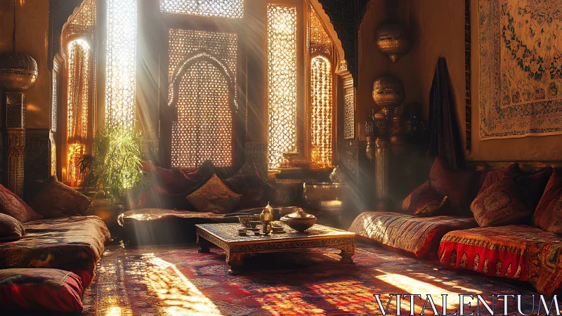 Sunlit desert salon where latticework sifts liquid gold.