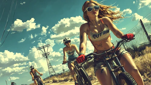 Desert Cyclists: Golden Hour Speed Against Turquoise Sky.