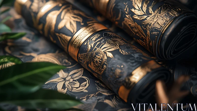 Golden botanicals curl into opulent wallpaper scroll dreams