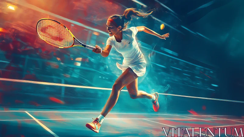 Dynamic tennis player sprinting across neon court in motion.