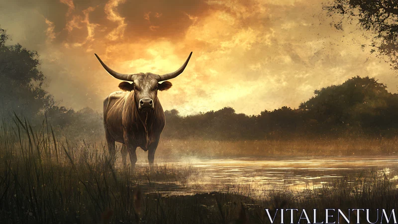 Sunlit longhorn quietly watches the evening water glow