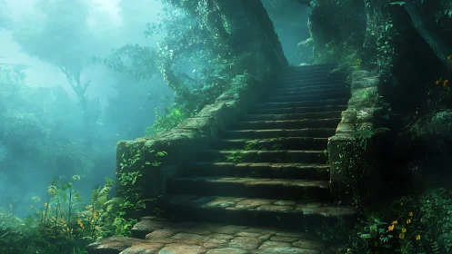 Misty stone staircase winding toward a hidden forest haven.