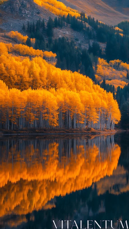 Autumn aspen forest reflects sharply on calm mountain lake