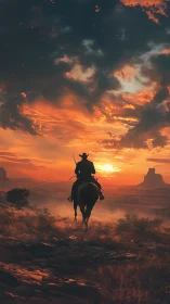 Lone rider follows the sun across a glowing desert horizon