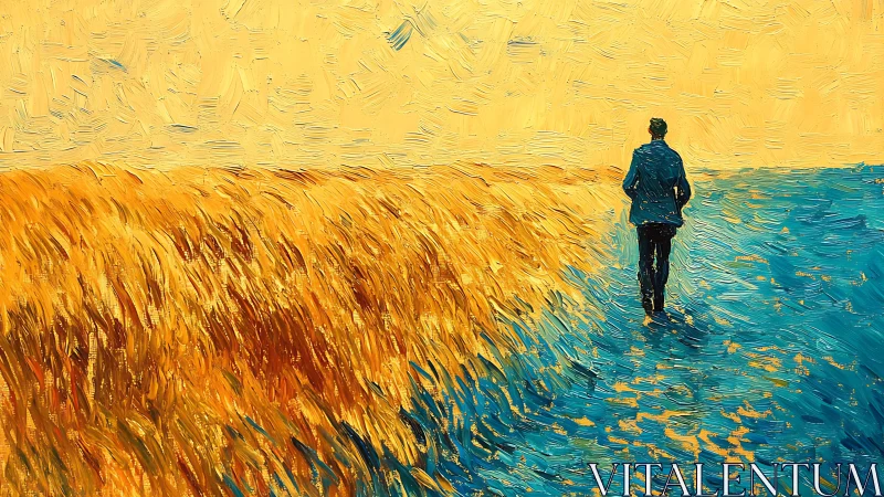 Solitary wanderer crossing from golden field to blue path.