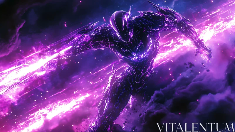 Humanoid energy construct in violet plasma cloud field.