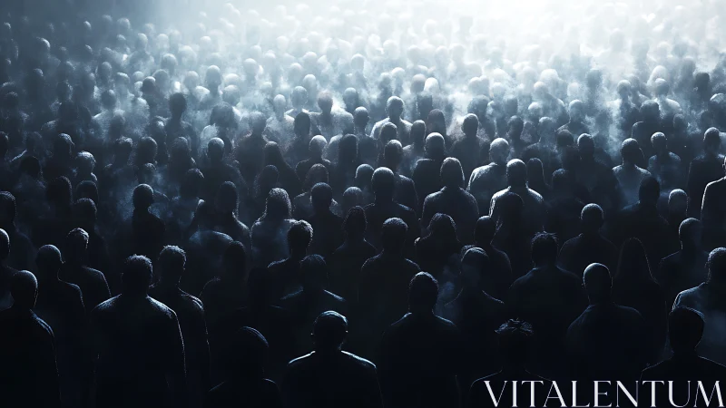 Backlit dense human crowd rendered in foggy volumetric lighting