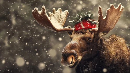 Festive moose in snowfall wearing red Christmas hat.