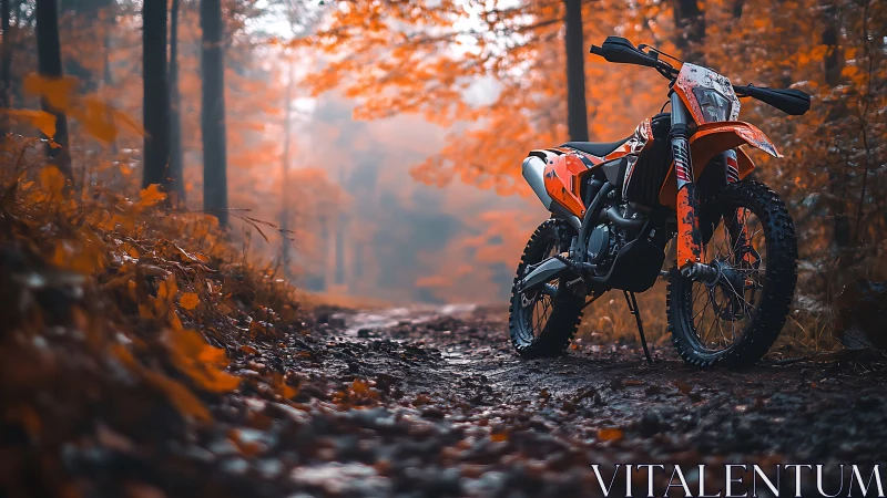 Orange off-road motorcycle on forest trail in autumn.