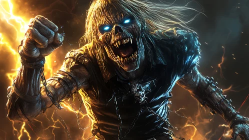 Electrifying skeletal warrior roaring in a storm of power.