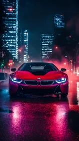 Red sports car slices neon night streets with electric glare.