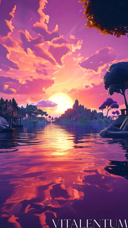 Dreamy lakeside sunset glowing over a peaceful village.