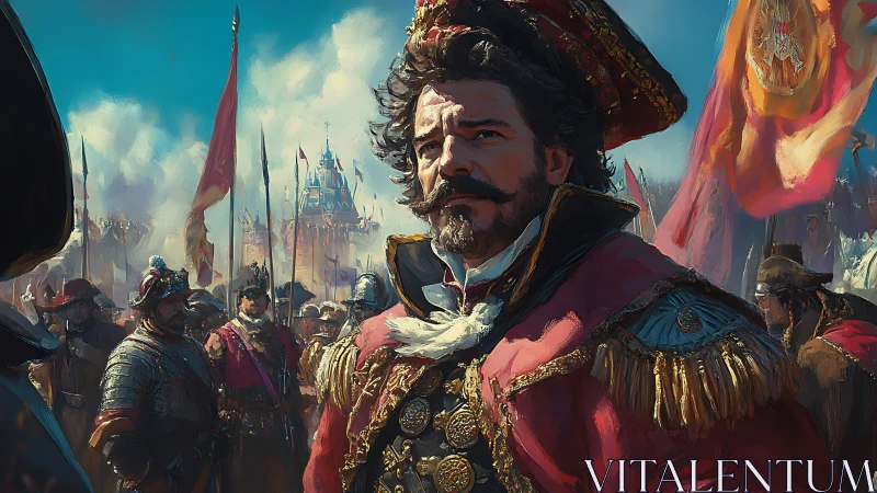 Military commander in ornate uniform stands before marching troops