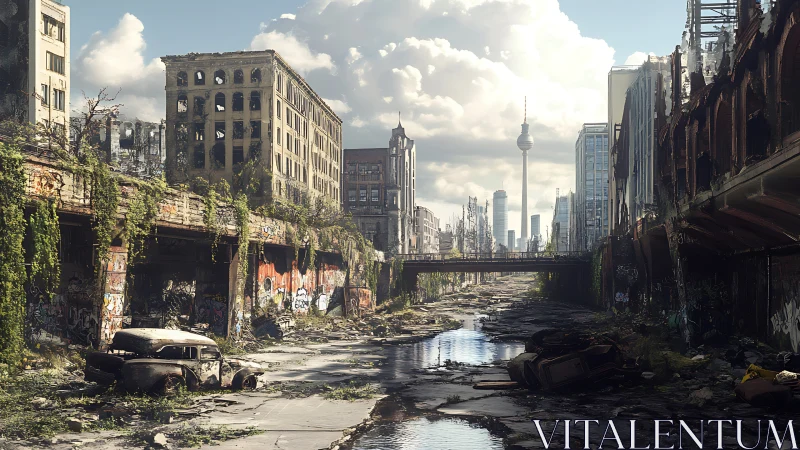 Post apocalyptic city ruins with overgrown canal street.