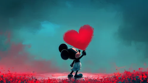 Silhouetted Character Holding Luminous Heart Against Turquoise Sky.