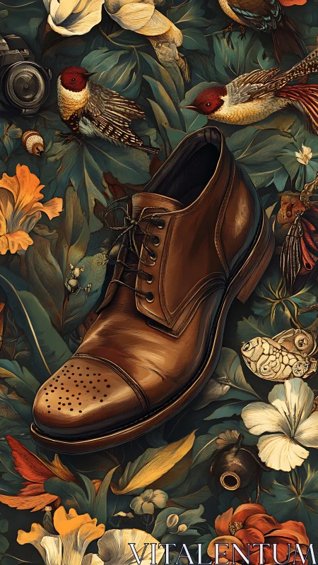 Leather dress shoe rests amid lush birds and florals.