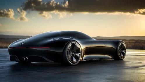Sleek black concept coupe gliding into a soft sunset horizon.