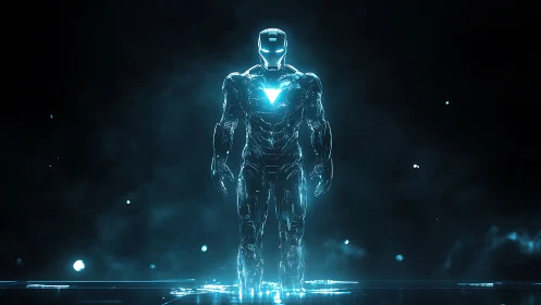 Futuristic armored humanoid figure in blue digital glow.