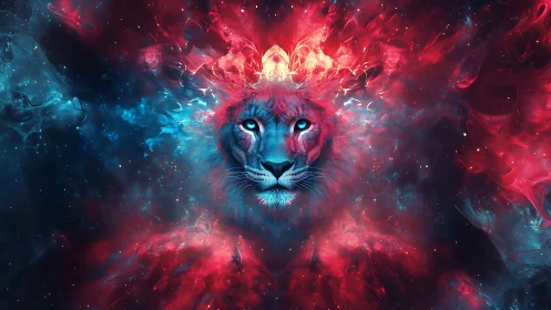 Cosmic lion head in vivid red and blue nebula glow.