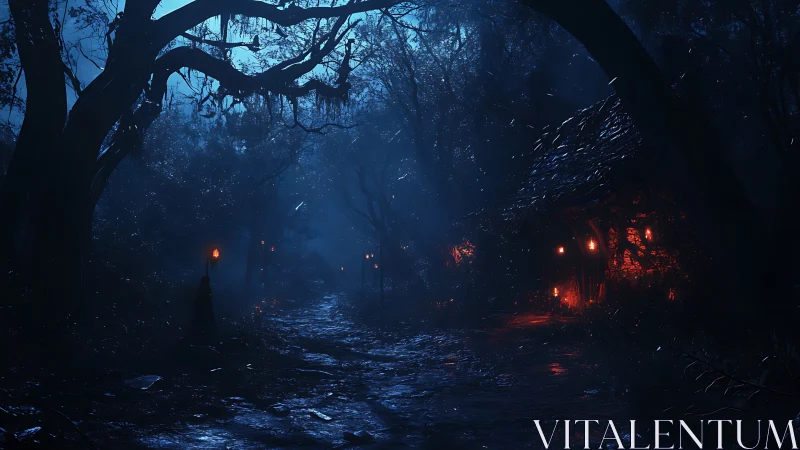 Midnight witchlight cottage along the haunted blue path.