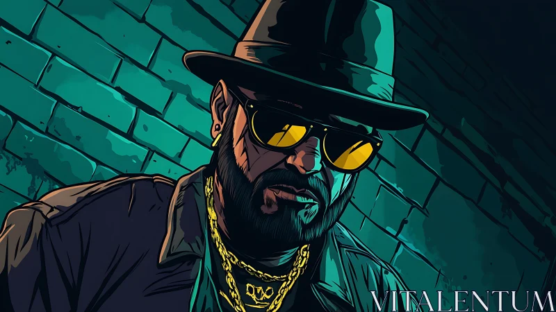 Noir-styled hip-hop figure under teal brick wall lighting.