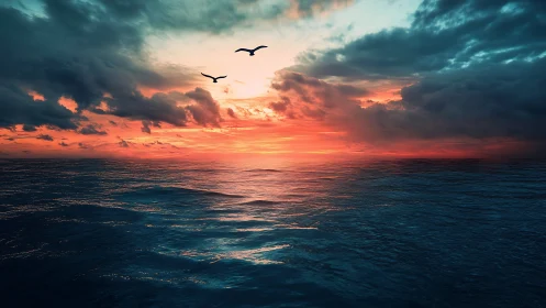 Spectral ocean horizon under stratified cumulonimbus sunset field.