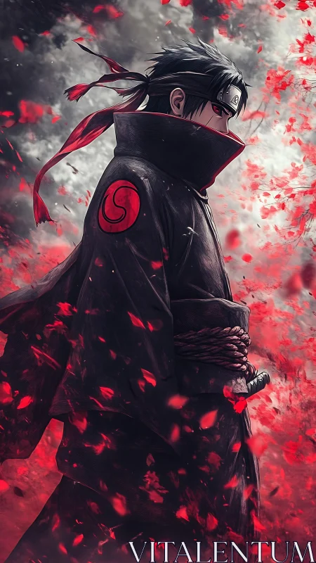 Solitary anime swordsman framed by dynamic red petal storm
