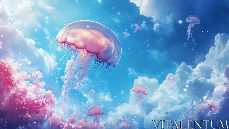 Sky jellyfish drift through cotton clouds in pastel silence