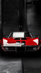 Crimson classic sports car poised in a moody city alleyway.