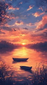 Sunset lake boats under blazing orange violet sky.