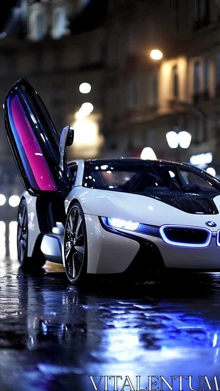 Futuristic white sports car stands under neon city night rain