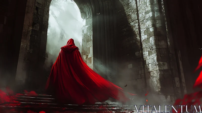 Cloaked wanderer ascends misty ruins toward blinding light