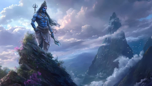 Blue-skinned deity stands on misty mountain peak at dawn