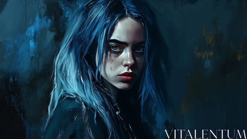 Storm-eyed girl in midnight blues, painted with quiet fury.