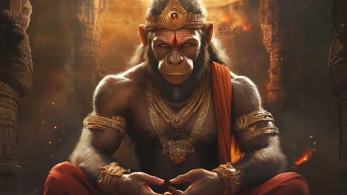 Simian warrior-priest holds molten calm inside burning temple