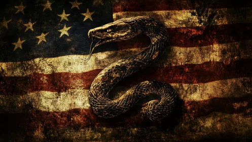 Coiled rattlesnake overlays distressed American flag texture design