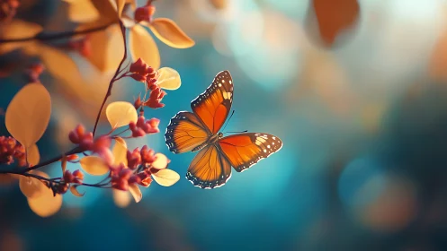 Gentle butterfly drifts among glowing leaves in soft evening air