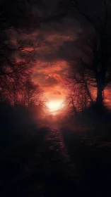 Forest path sinks into burning crimson twilight horizon.