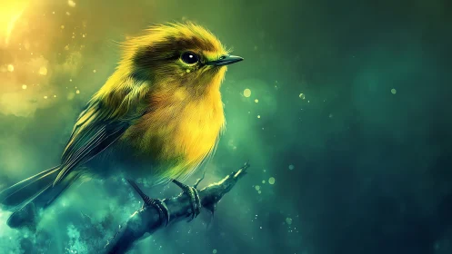Luminous yellow songbird rests on branch in glowing mist